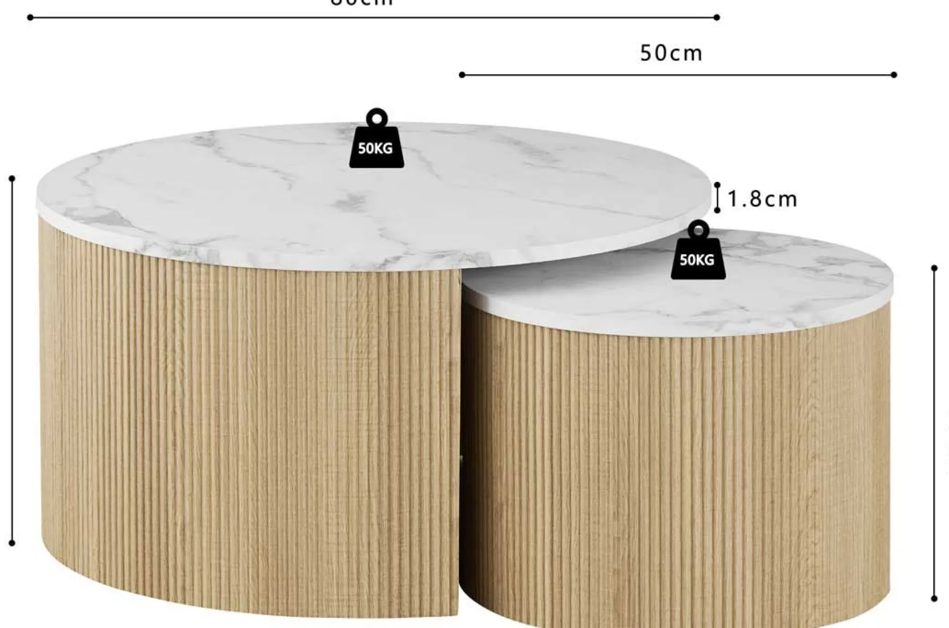 Couchtisch-Set Rowan - Ø80x42cm und Ø50x37cm - Eiche Dekor/Marmor
