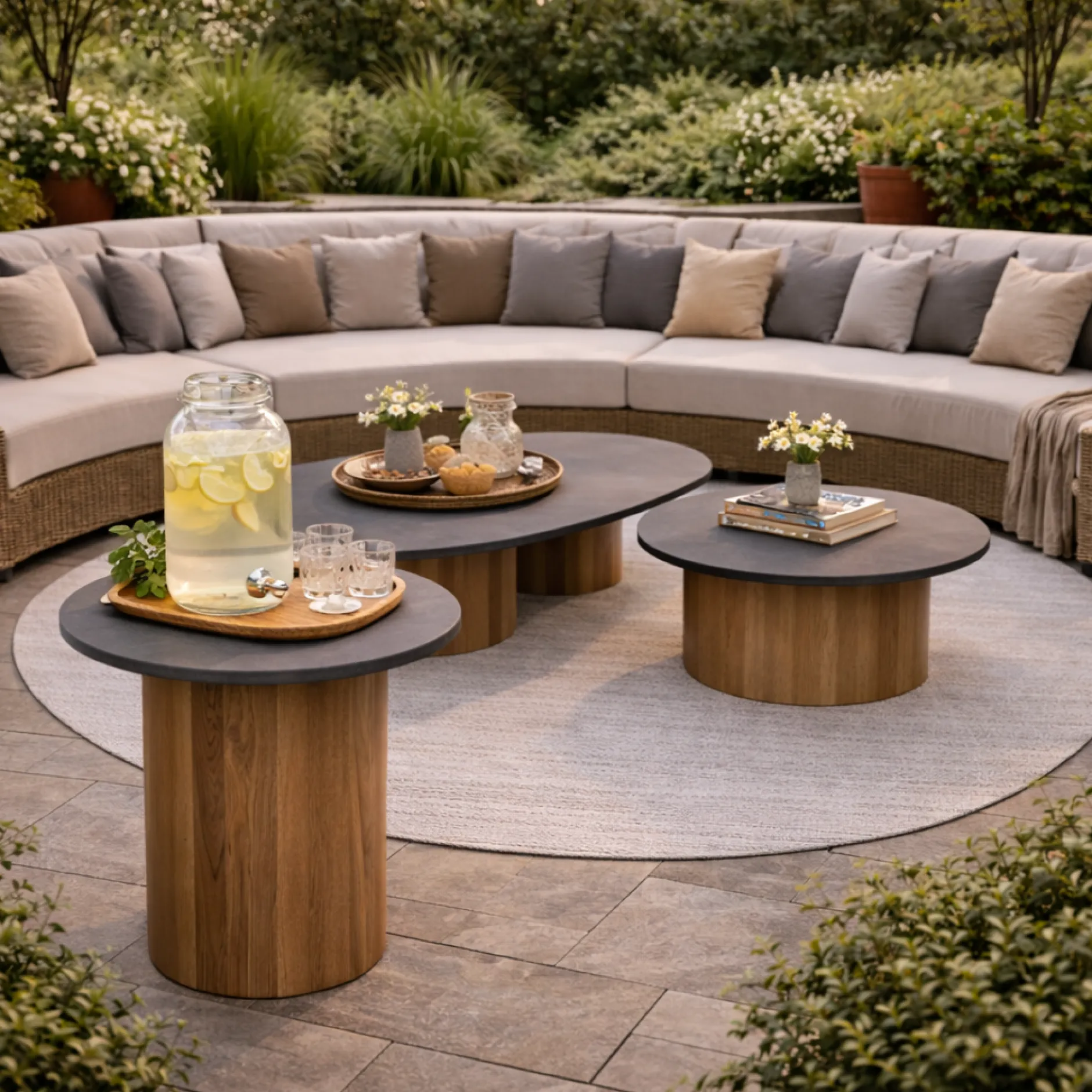 Couchtisch Viola Ø42cm Gescova - Teakholz und gesinterter Stein - Dunkelgrau