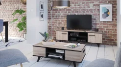 Couchtisch Wilke 2 Schubladen und 2 offene Fächer-gebürstete Eiche/mattschwarz