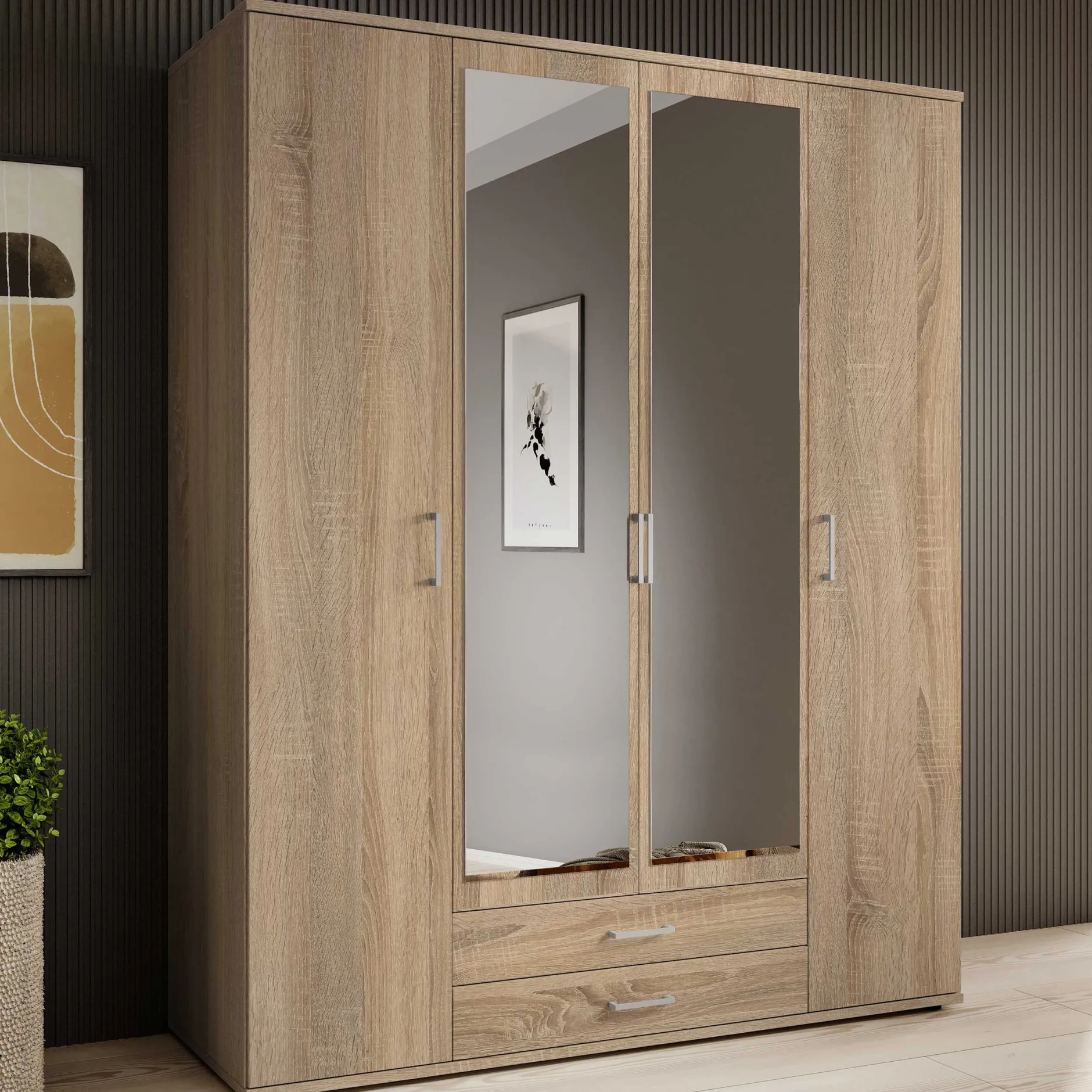 Daniela 160cm Kleiderschrank mit 4 Türen 2 Schubladen und Spiegel - Eiche