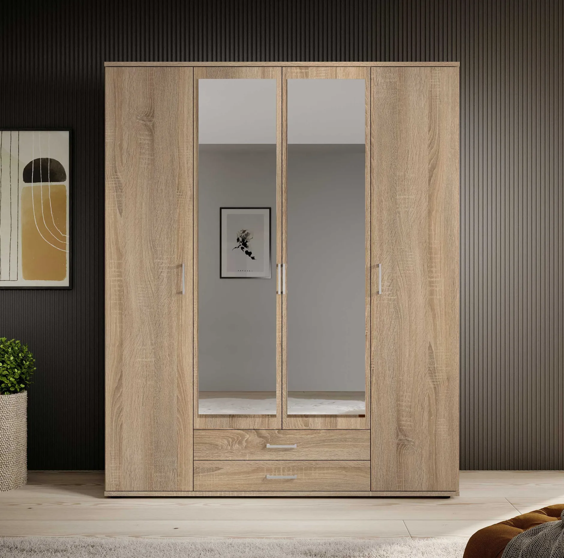 Daniela 160cm Kleiderschrank mit 4 Türen 2 Schubladen und Spiegel - Eiche