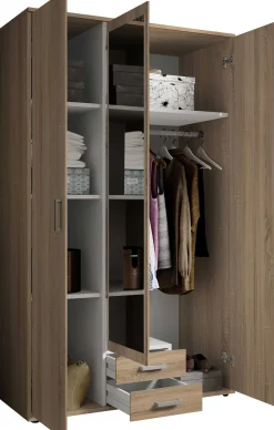 Daniela 120cm Kleiderschrank mit 3 Türen 2 Schubladen und Spiegel - Eiche