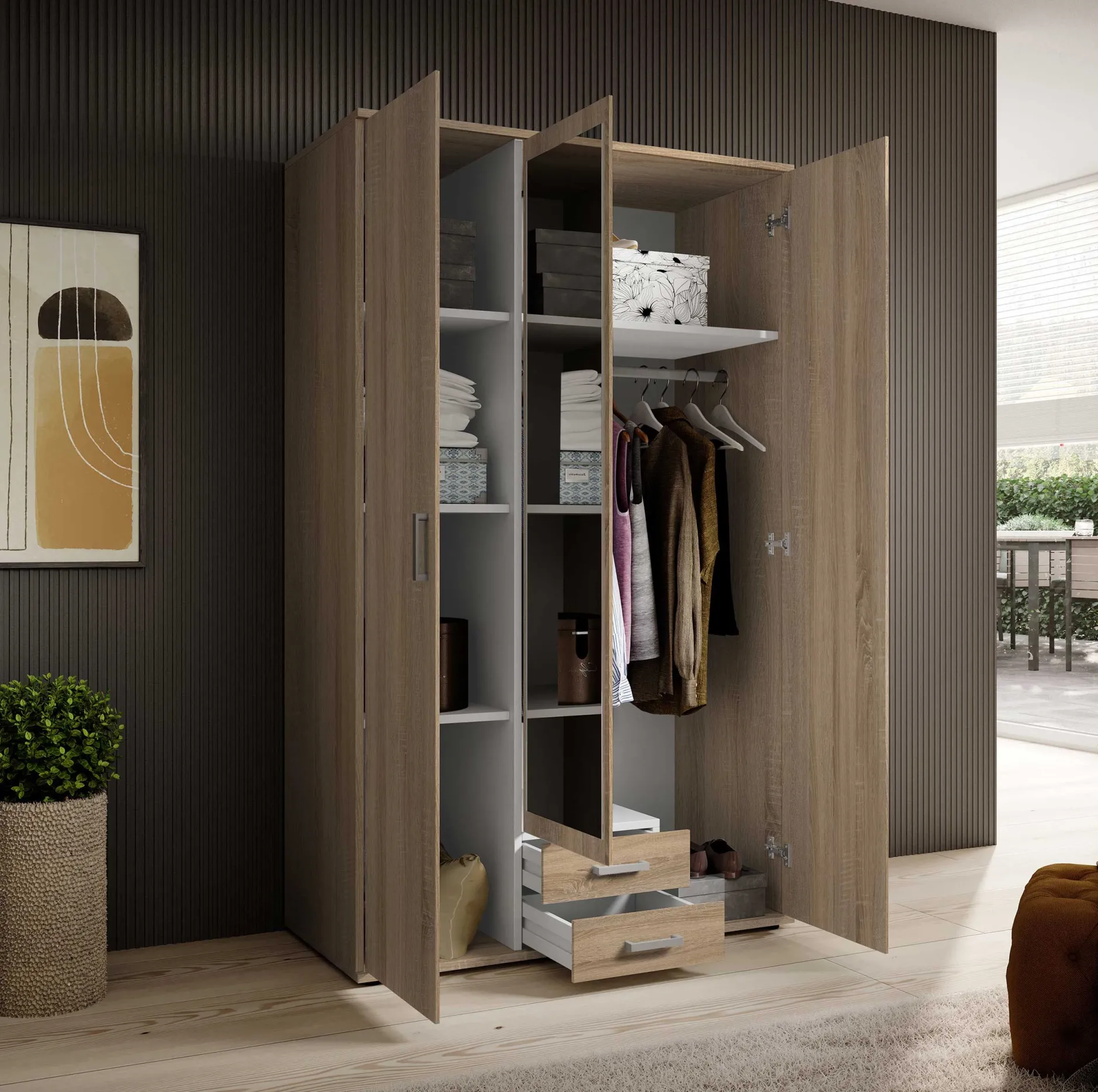 Daniela 120cm Kleiderschrank mit 3 Türen 2 Schubladen und Spiegel - Eiche