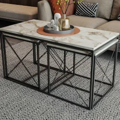 Defne Couchtisch-Set | 100 % MELAMIN | Weißer Marmor, Schwarz