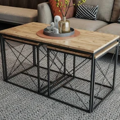 Defne Couchtisch-Set | 100 % MELAMIN | Atlantische Kiefer, Schwarz