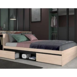 Doppelbett Bruxelles 148cm-2 Einlegeböden, 2 Schubladen, 1 Ablagefach-schwarz/eik