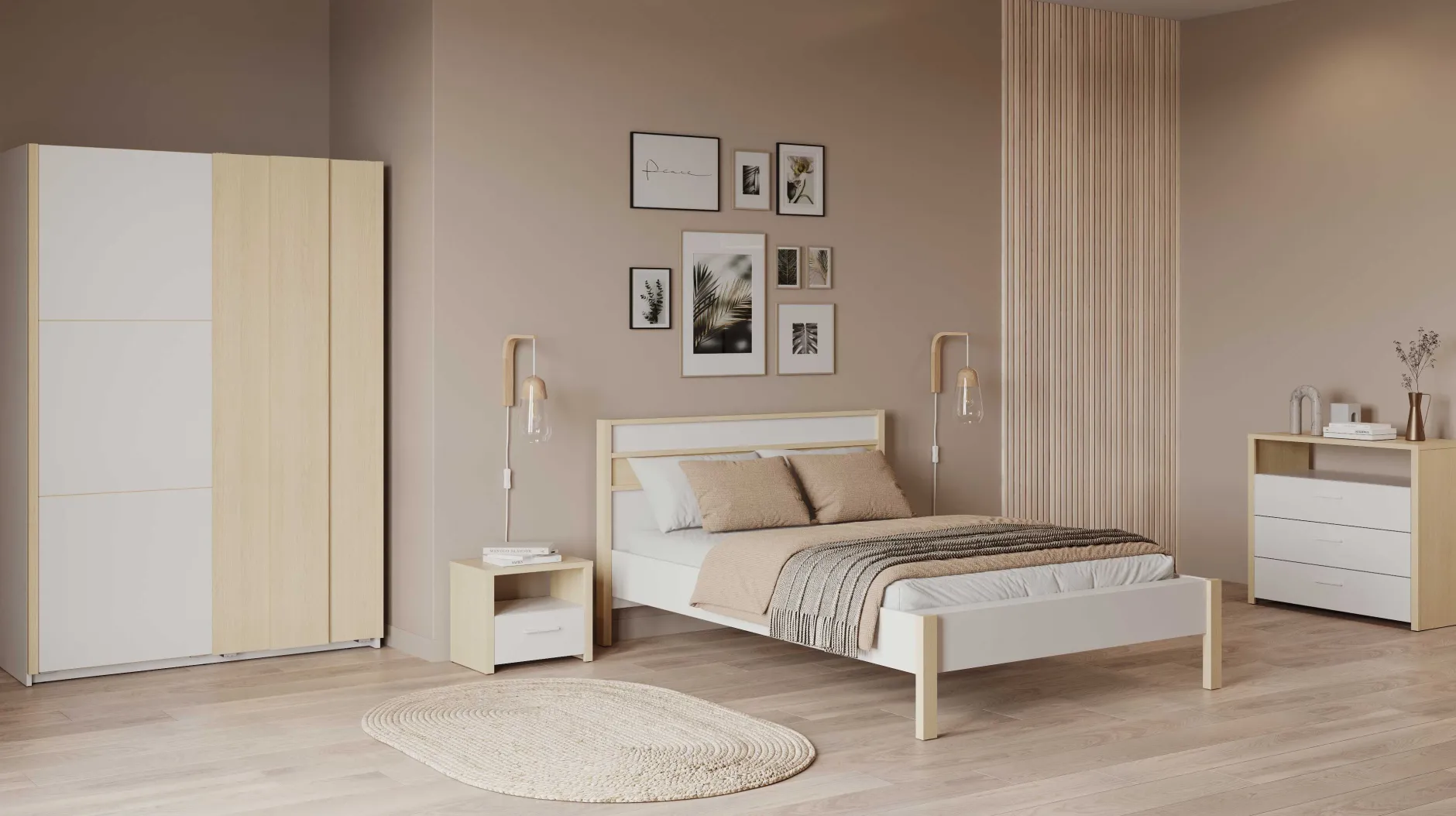 Doppelbett Heva - 140x190/200cm - weiß/Eiche Dekor