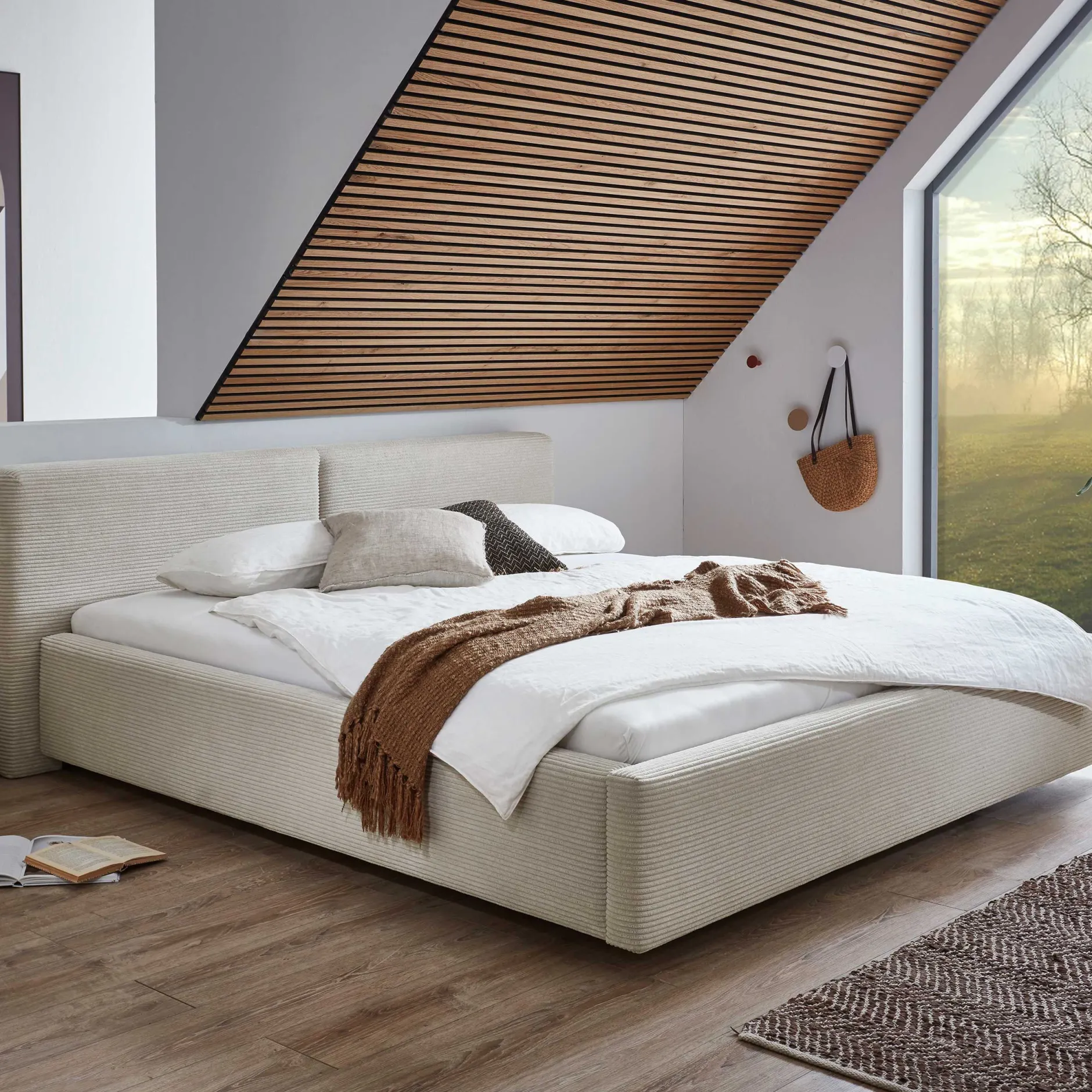 Doppelbett Kubrik 180x200cm mit Stauraum Rippe Samt - beige