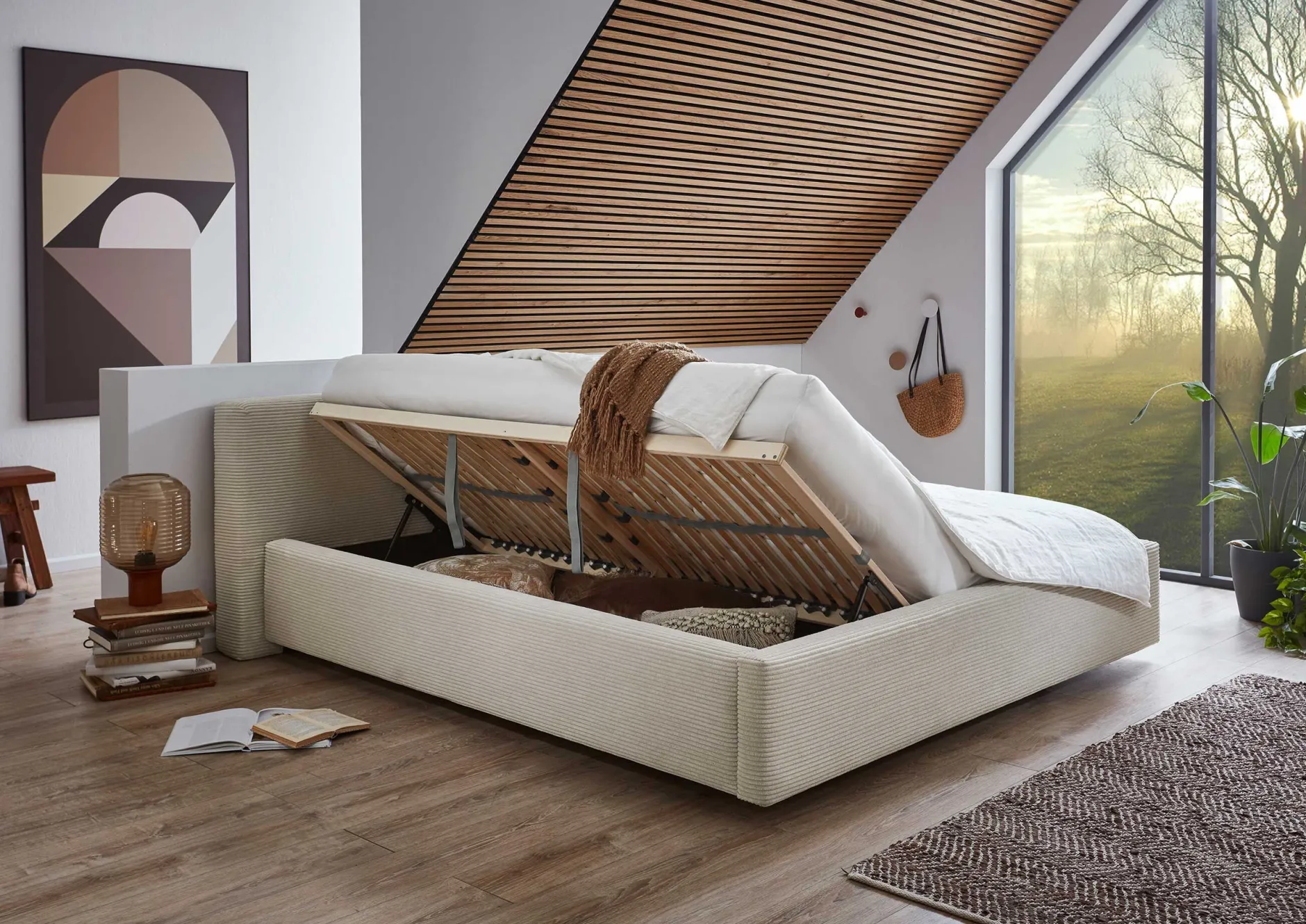 Doppelbett Kubrik 180x200cm mit Stauraum Rippe Samt - beige