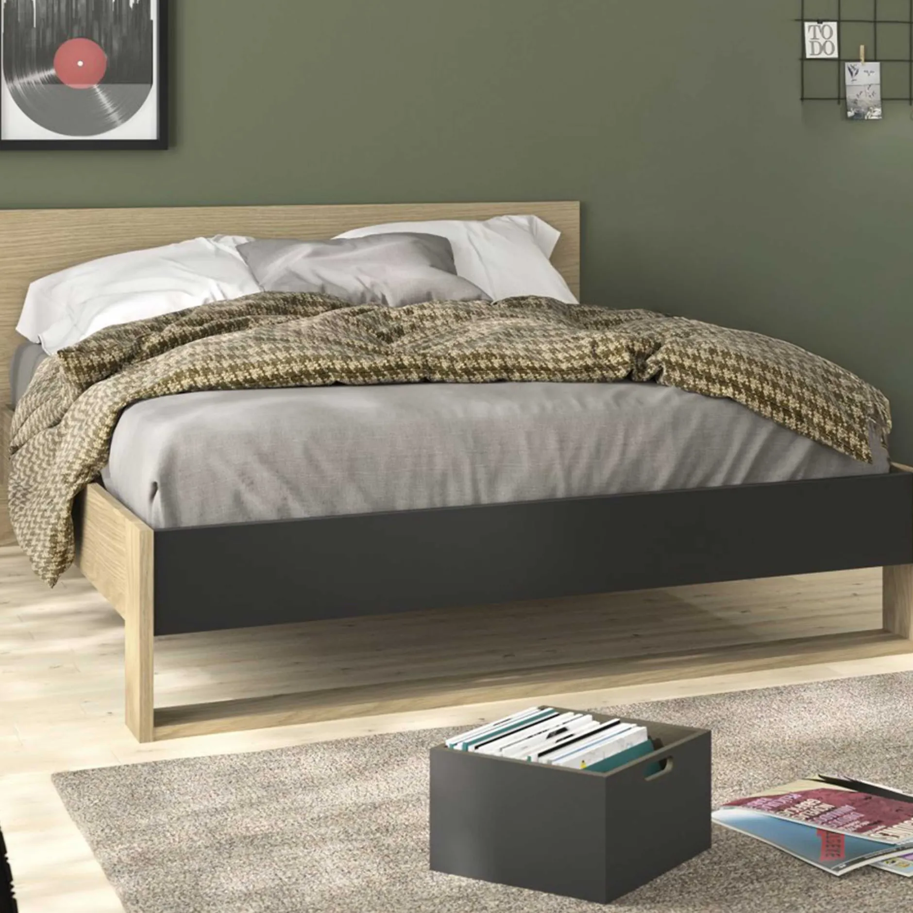Doppelbett Nael - 140x190cm - Eiche Dekor/schwarz