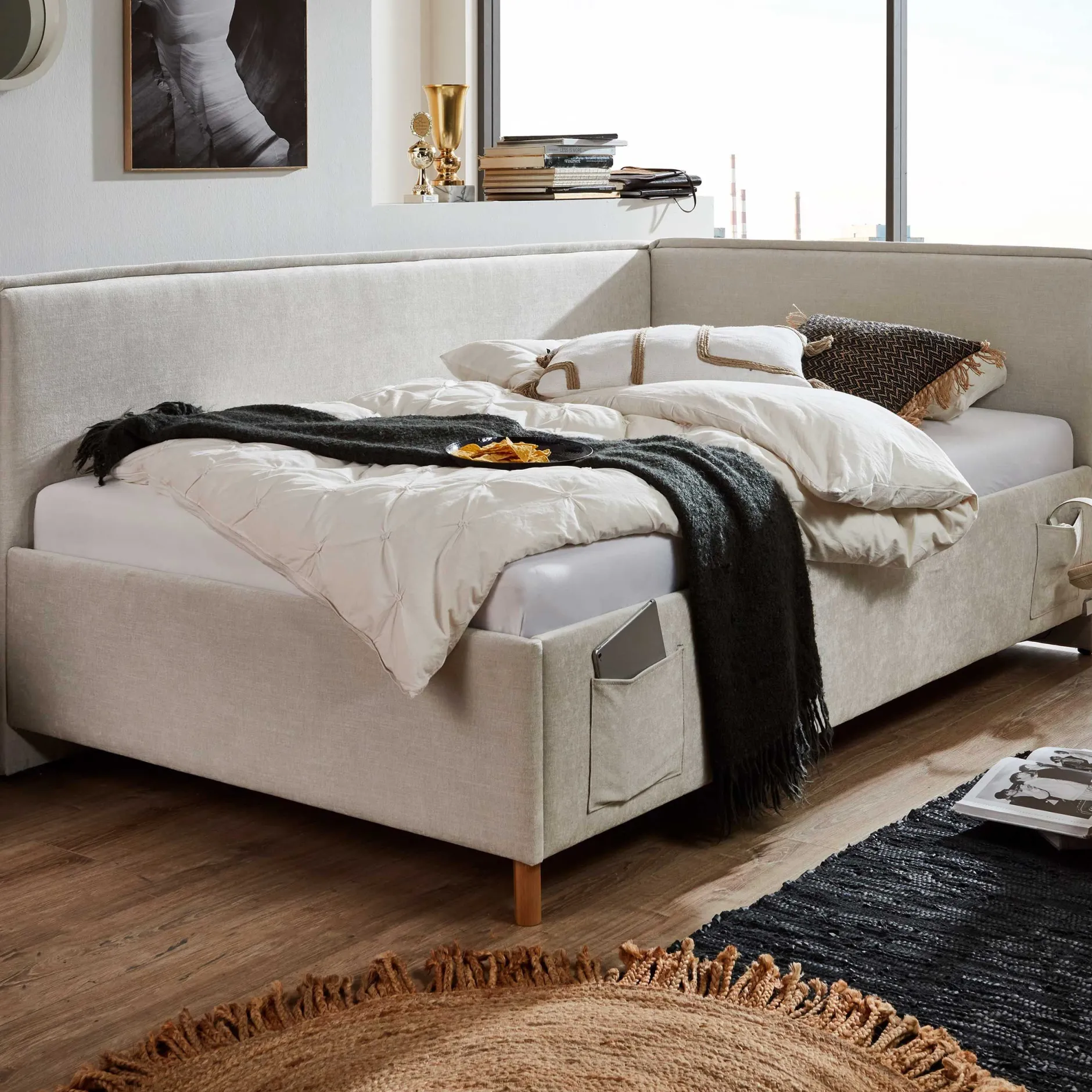 Doppelbett Ollie | Mit Rückenlehne | 140 x 200 cm | Beige Design