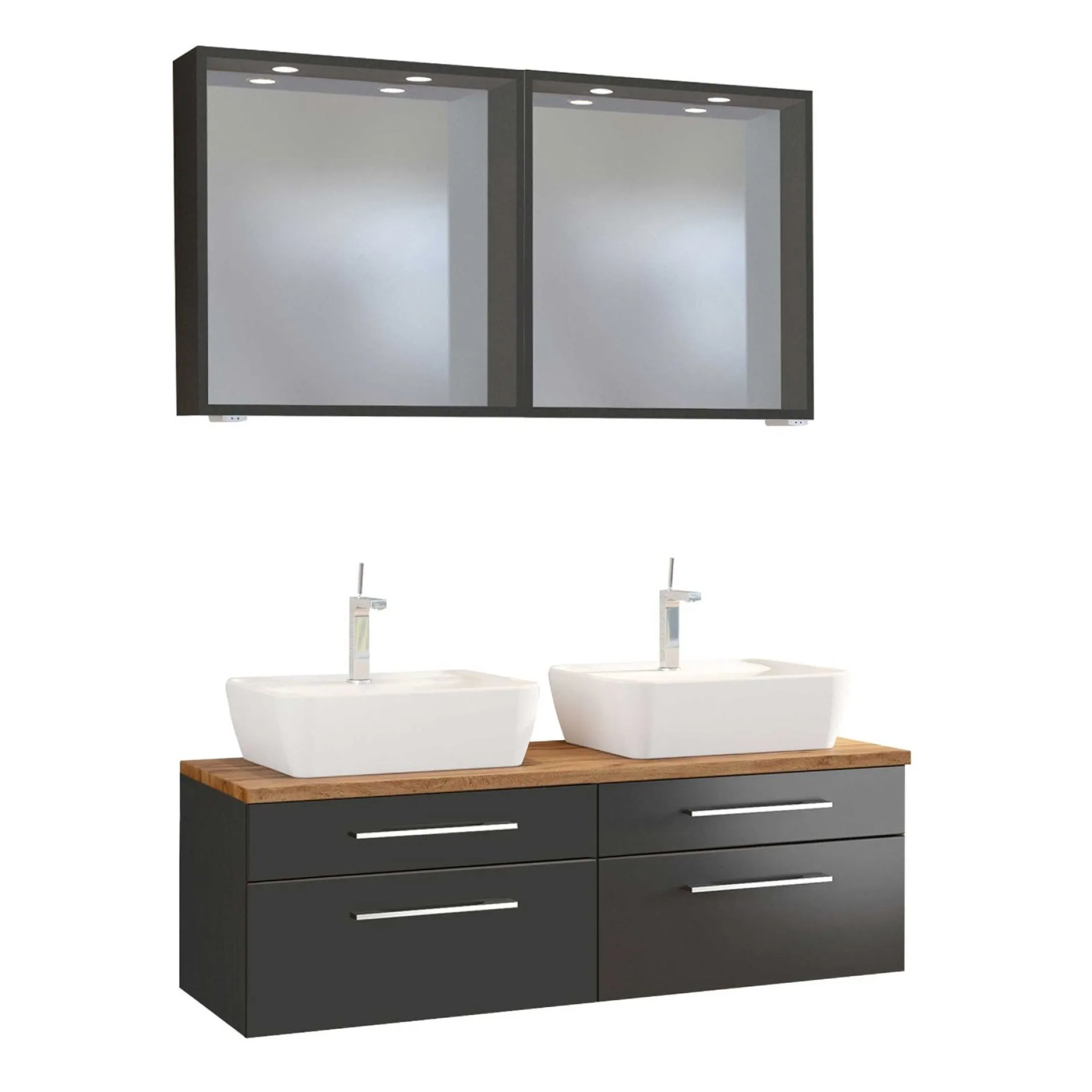 Doppelwaschtischschrank mit Spiegel Dasa 120cm 4 Schubladen - graphit/mattgrau