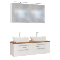 Doppelwaschtischschrank mit Spiegelschrank Dasa 120cm 4 Schubladen - weiß