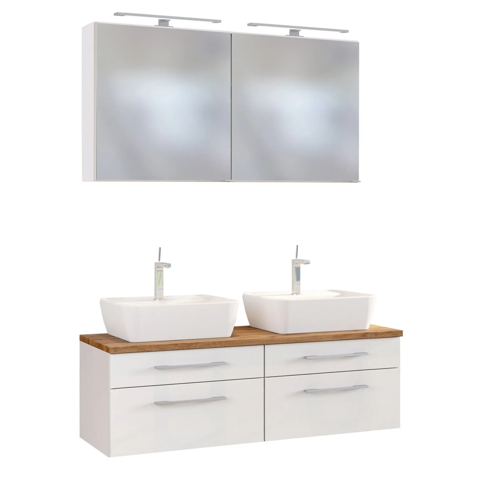 Doppelwaschtischschrank mit Spiegelschrank Dasa 120cm 4 Schubladen - weiß