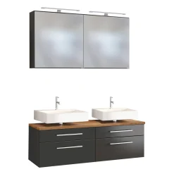 Doppelwaschtischunterschrank mit Spiegelschrank Dasa 120cm 4 Schubladen - graphit/mattgrau