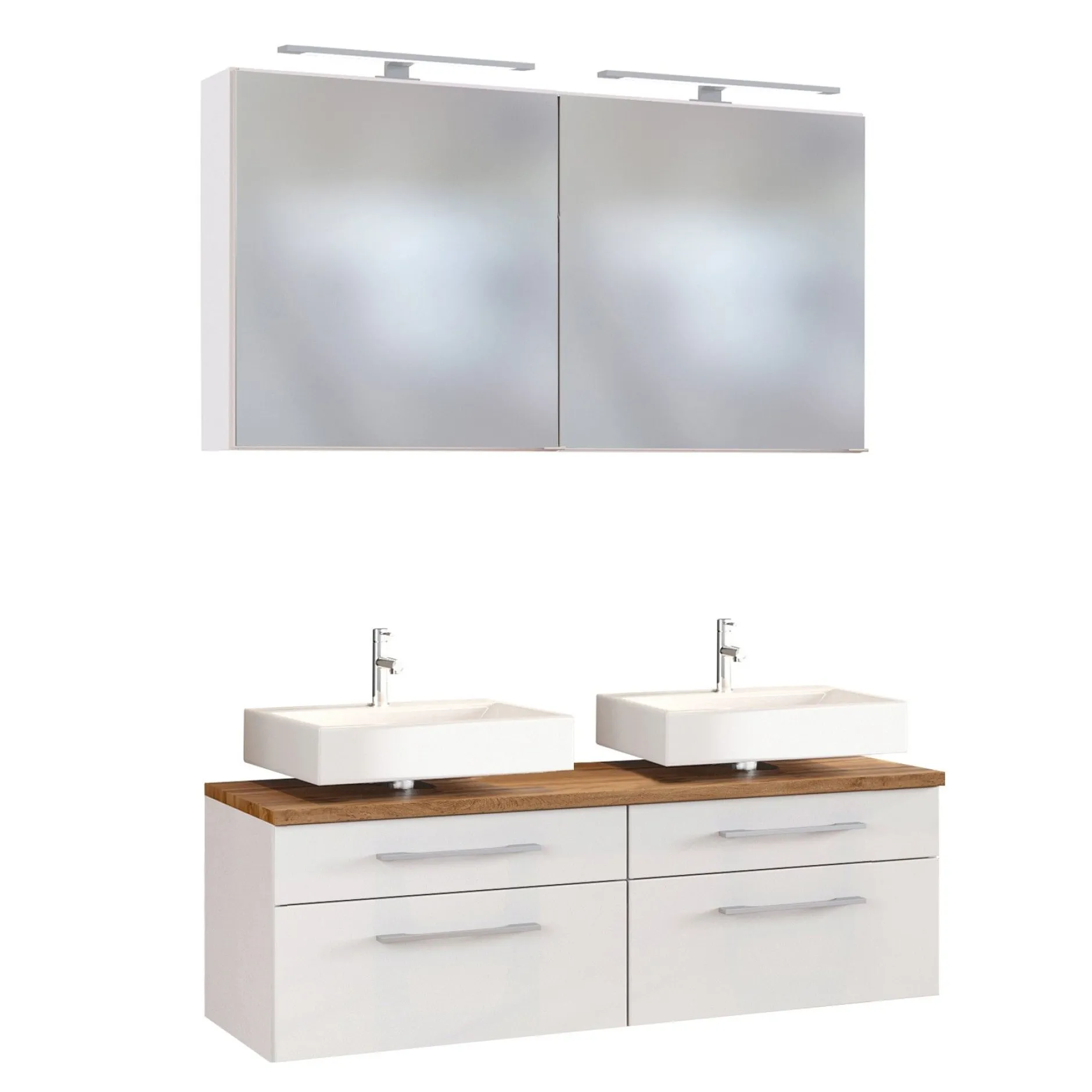 Doppelwaschtischunterschrank mit Spiegelschrank Dasa 120cm 4 Schubladen - weiss