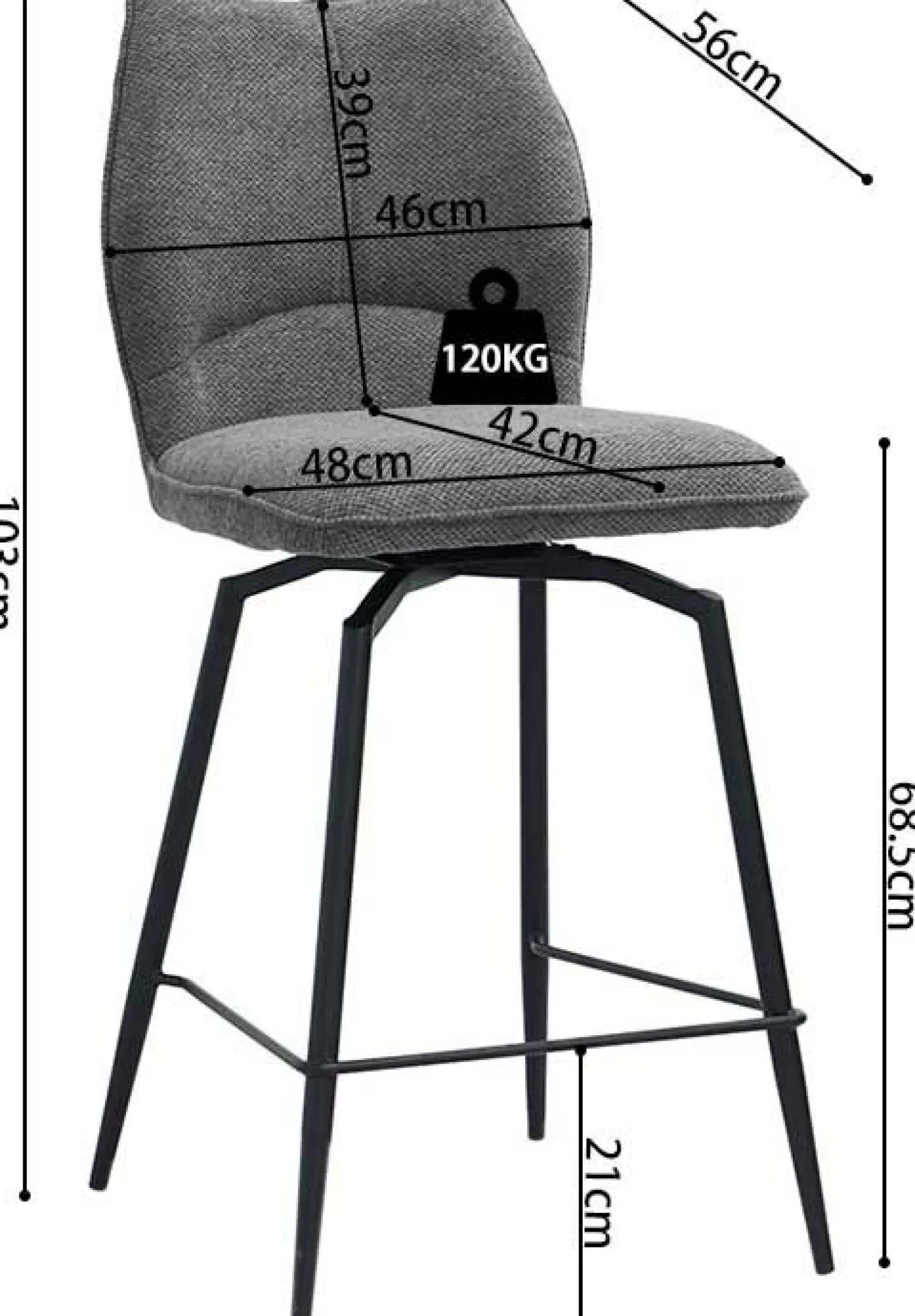 Drehbarer Barhocker Lara | 48 x 56 x 103 cm | Design Grau