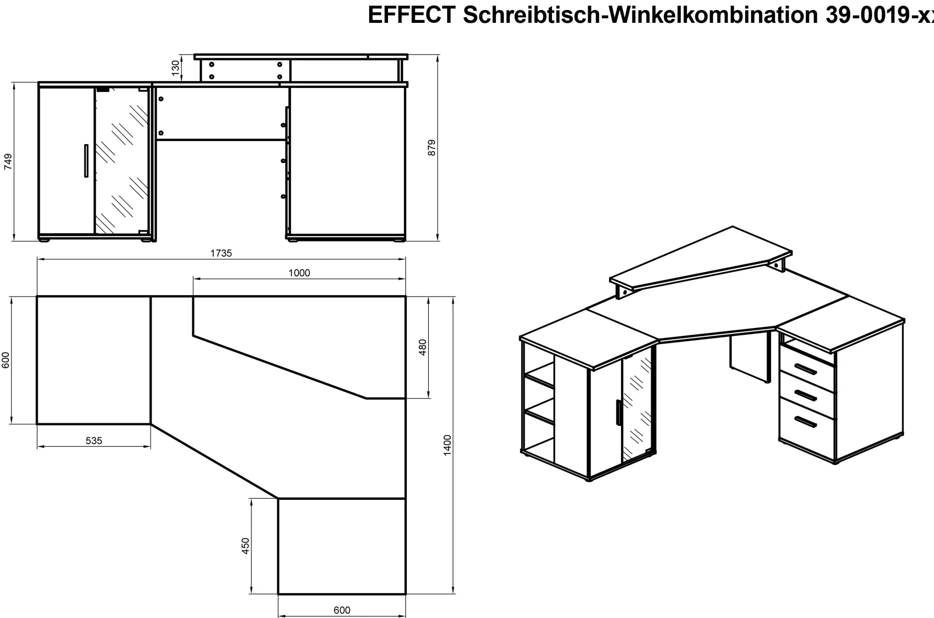 Eckschreibtisch Efford mit Stauraum - Eiche/Weiß
