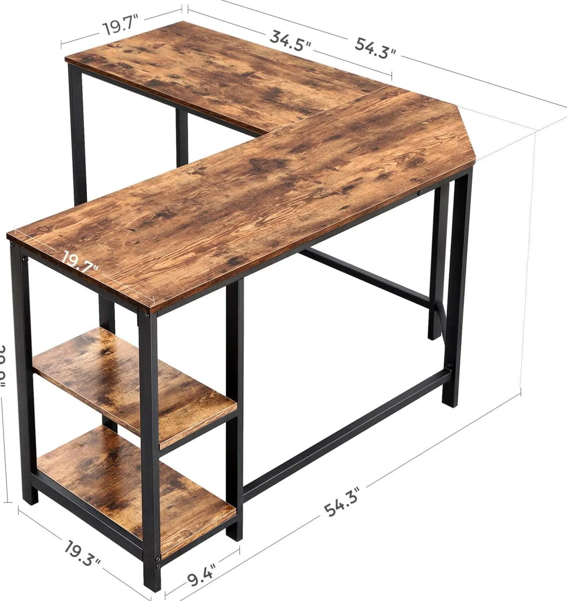 Eckschreibtisch Fabrice 138cm 2 Ablagen - rustikal braun/schwarz