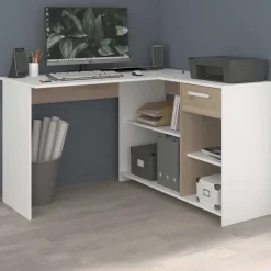 Eckschreibtisch Sil - 121x111x75cm - mit Stauraum - Eiche Dekor/Weiß