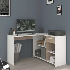 Eckschreibtisch Sil - 121x111x75cm - mit Stauraum - Eiche Dekor/Weiß