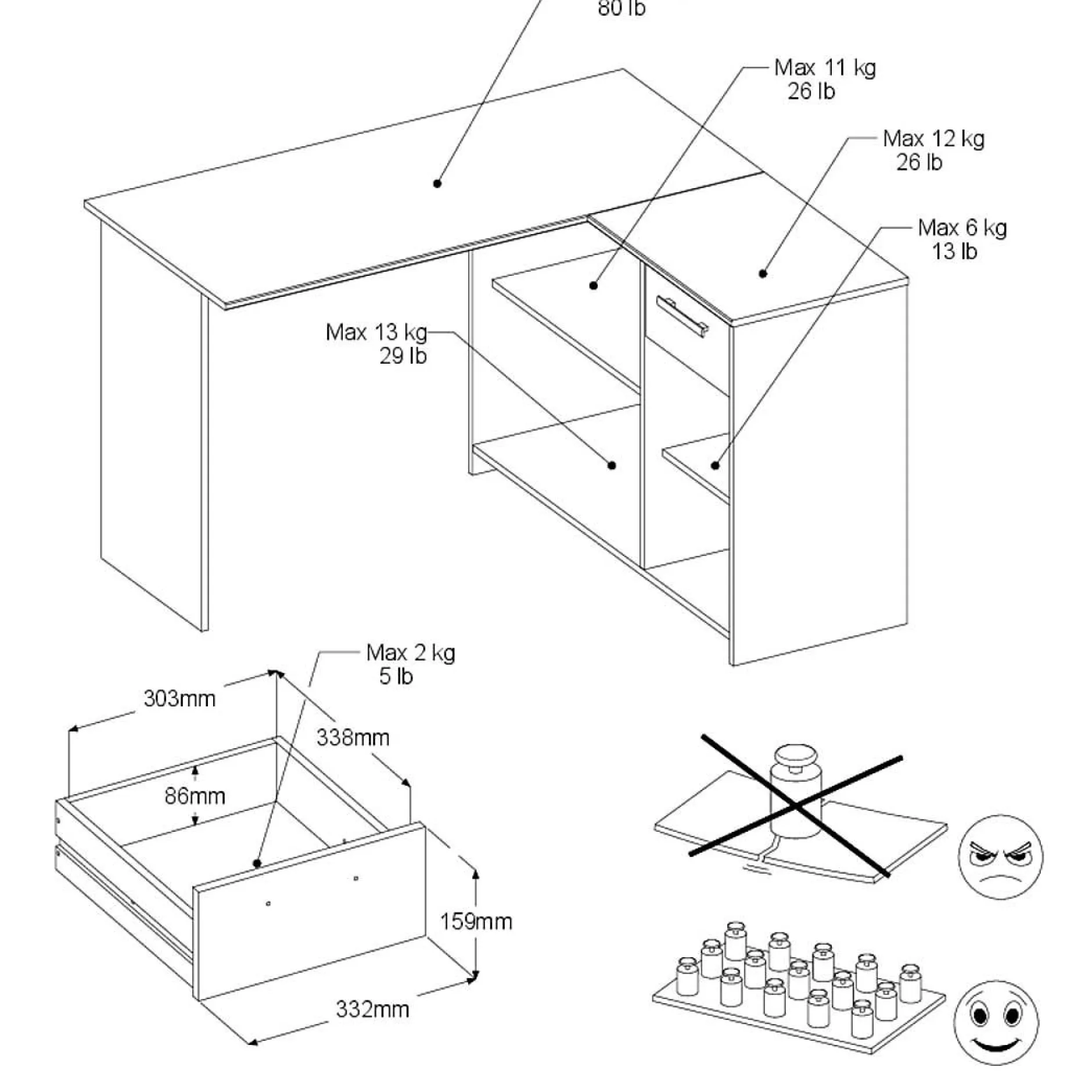 Eckschreibtisch Sil - 121x111x75cm - mit Stauraum - Eiche Dekor/Weiß