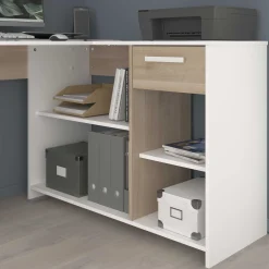 Eckschreibtisch Sil - 121x111x75cm - mit Stauraum - Eiche Dekor/Weiß