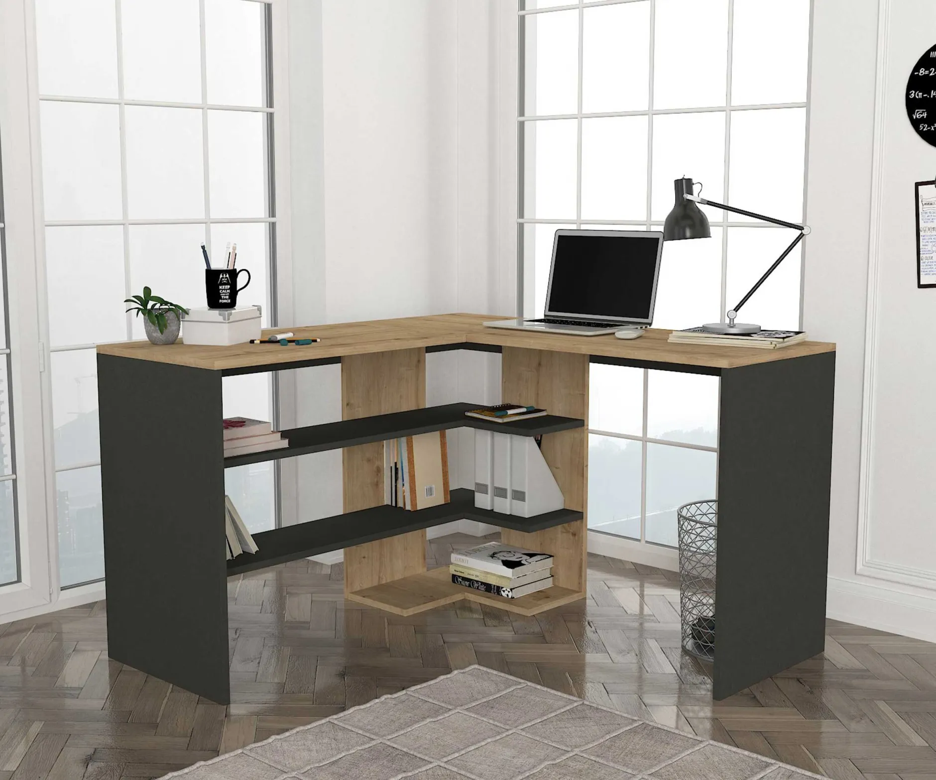 Eckschreibtisch Stylo - 120x45x74cm - mit Stauraum - Eiche Dekor/anthrazit