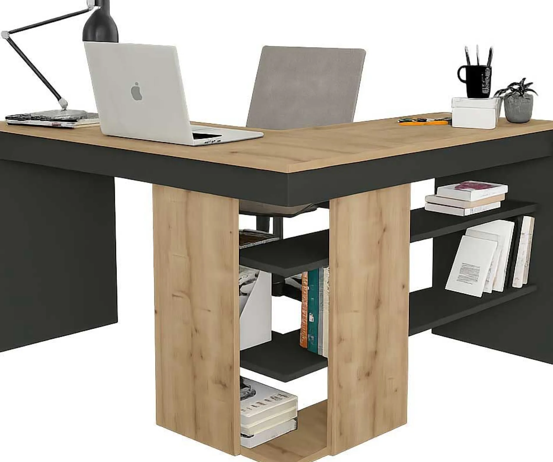 Eckschreibtisch Stylo - 120x45x74cm - mit Stauraum - Eiche Dekor/anthrazit