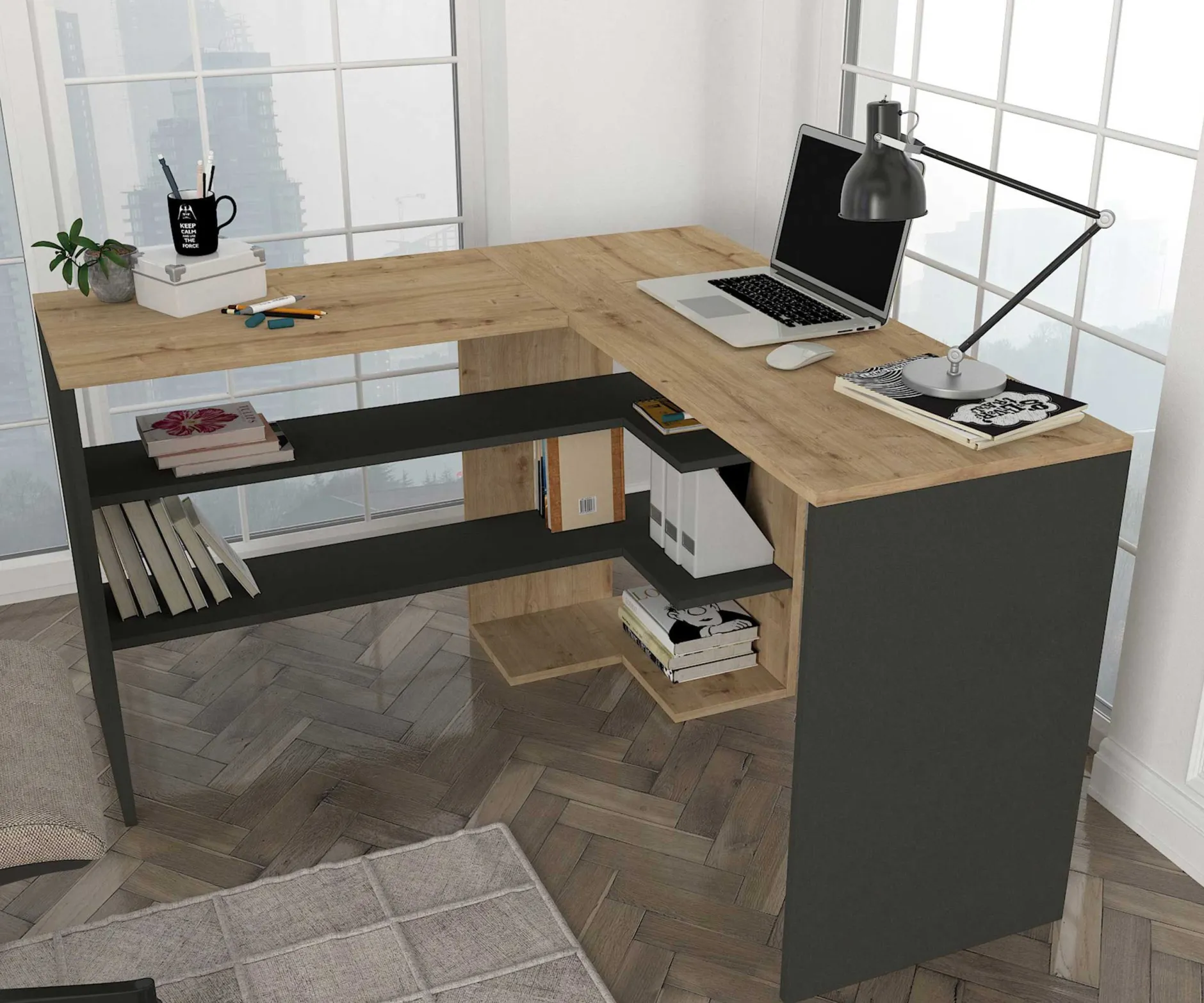 Eckschreibtisch Stylo - 120x45x74cm - mit Stauraum - Eiche Dekor/anthrazit