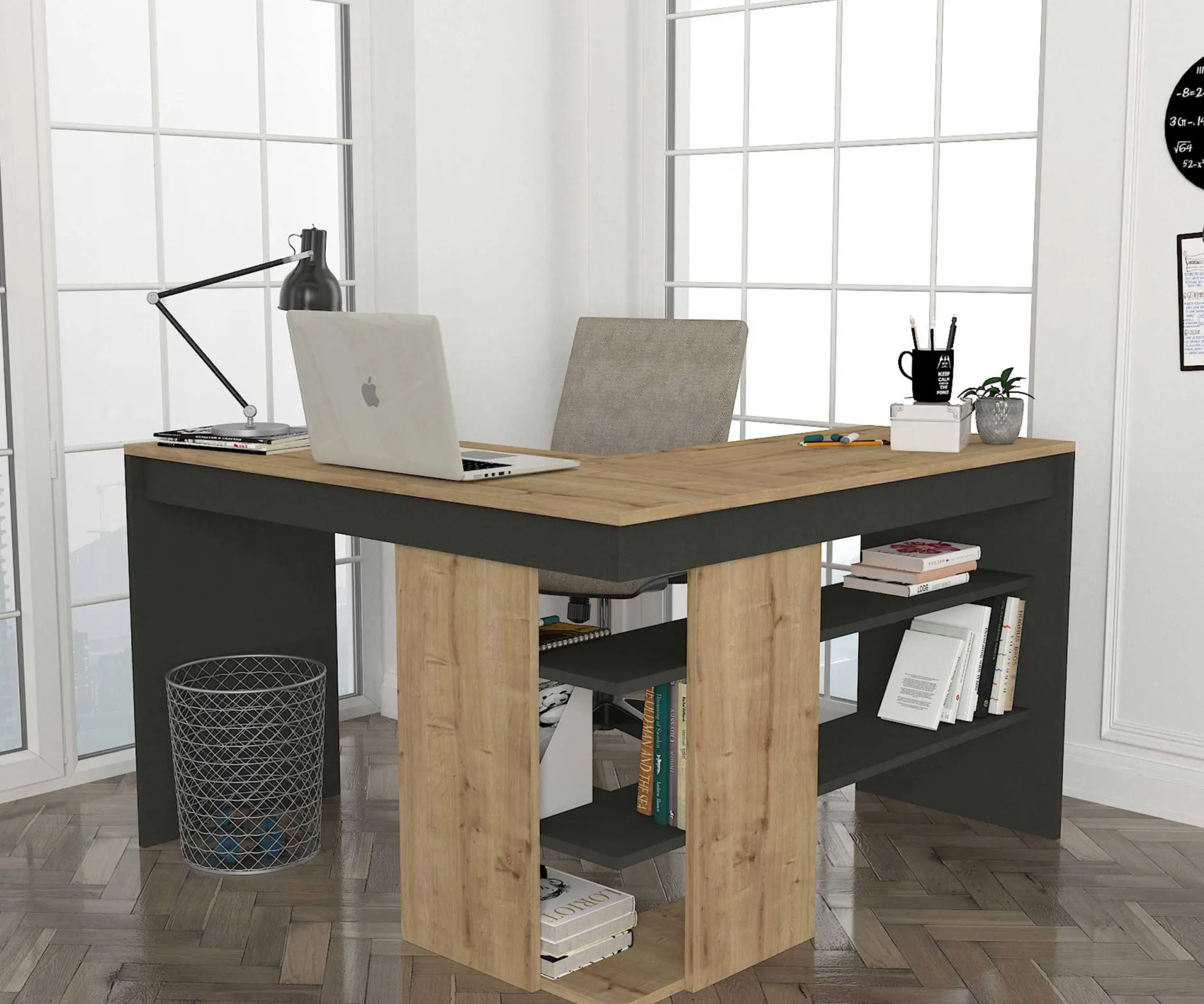 Eckschreibtisch Stylo - 120x45x74cm - mit Stauraum - Eiche Dekor/anthrazit