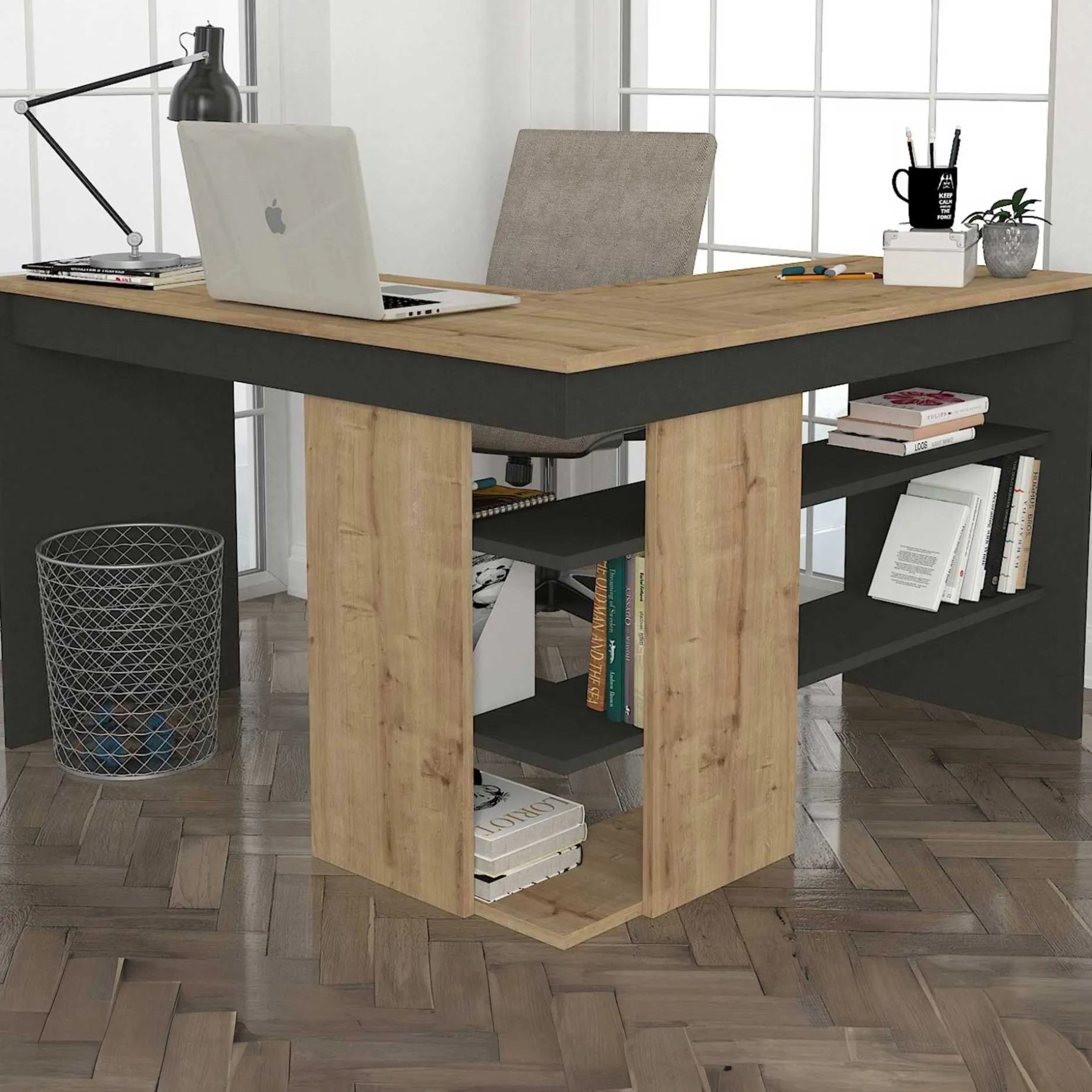Eckschreibtisch Stylo - 120x45x74cm - mit Stauraum - Eiche Dekor/anthrazit