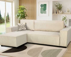 Ecksofa Josh links - mit Stauraum - beige gerippter Samt