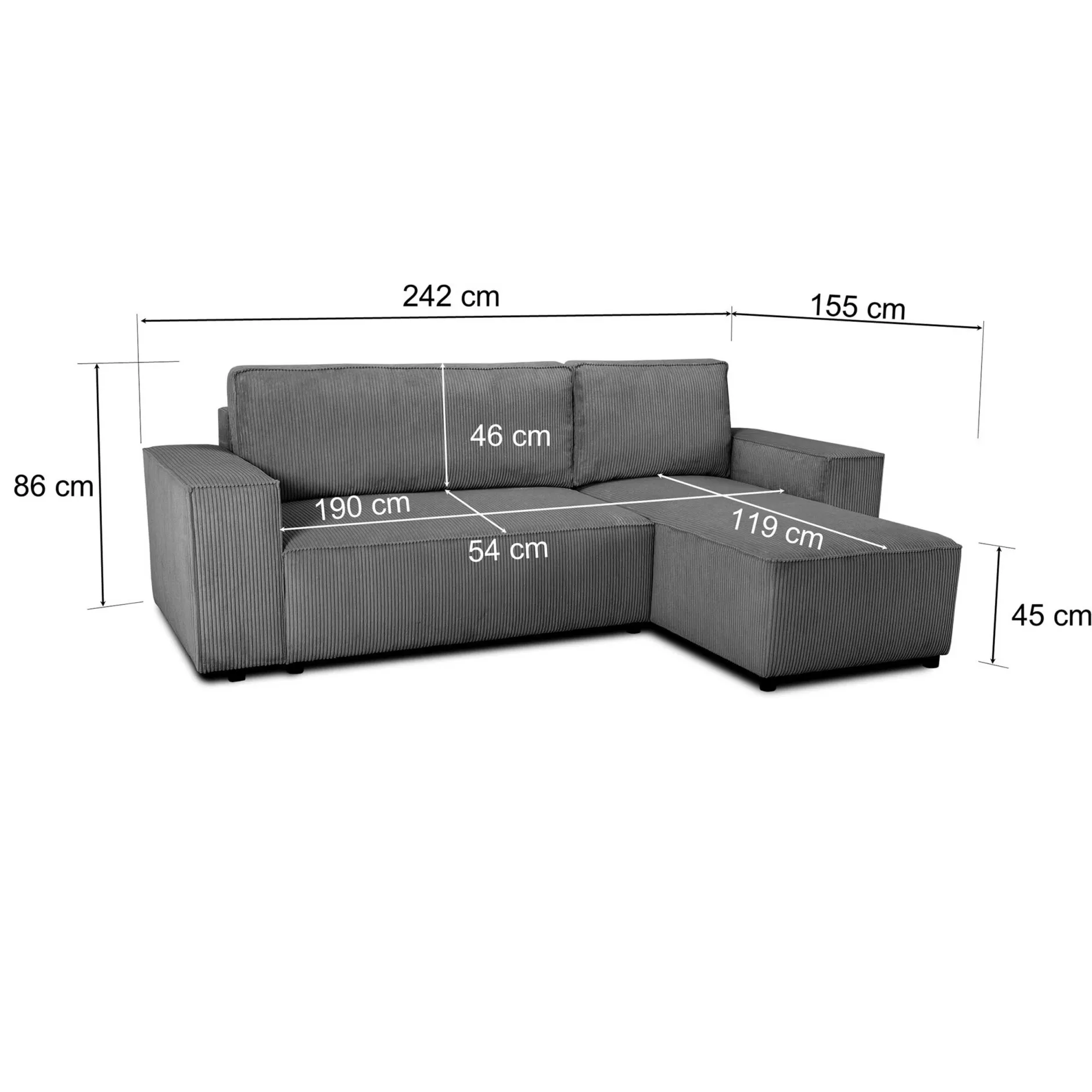 Ecksofa Josh links - mit Stauraum - anthrazit gerippter Samt