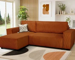 Ecksofa Josh links - mit Stauraum - terracotta gerippter Samt
