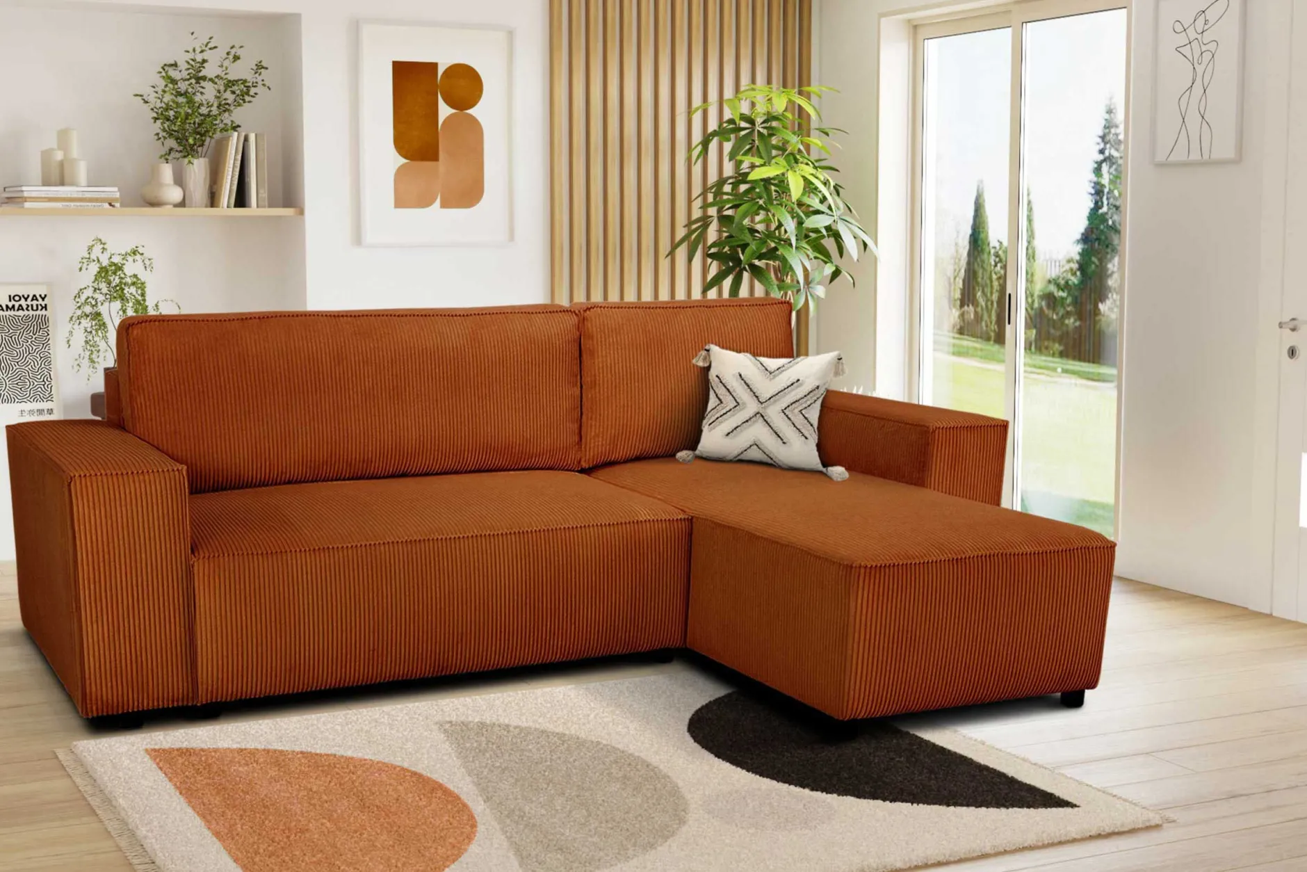 Ecksofa Josh rechts - mit Stauraum - terracotta gerippter Samt