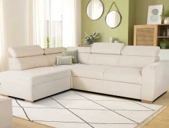 Ecksofa Kelio links - verstellbare Kopfstütze - weißer Rippensamt