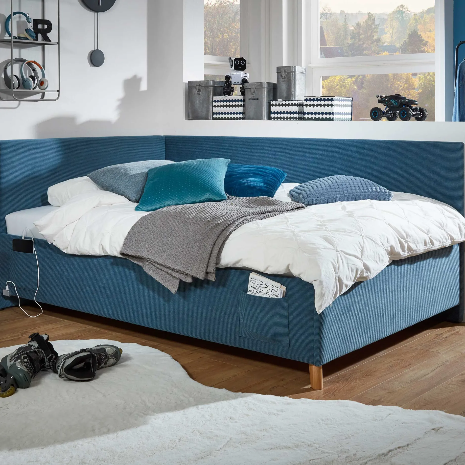 Einzelbett Cool | Mit Rückenlehne | 90 x 200 cm | Blaues Design