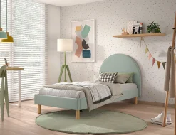 Einzelbett Maeva - 212x97x107 cm - Grüner Bouclé-Stoff