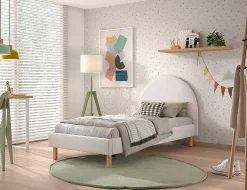 Einzelbett Maeva - 212x97x107 cm - Weißer Bouclé-Stoff