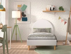 Einzelbett Maeva - 212x97x107 cm - Weißer Bouclé-Stoff
