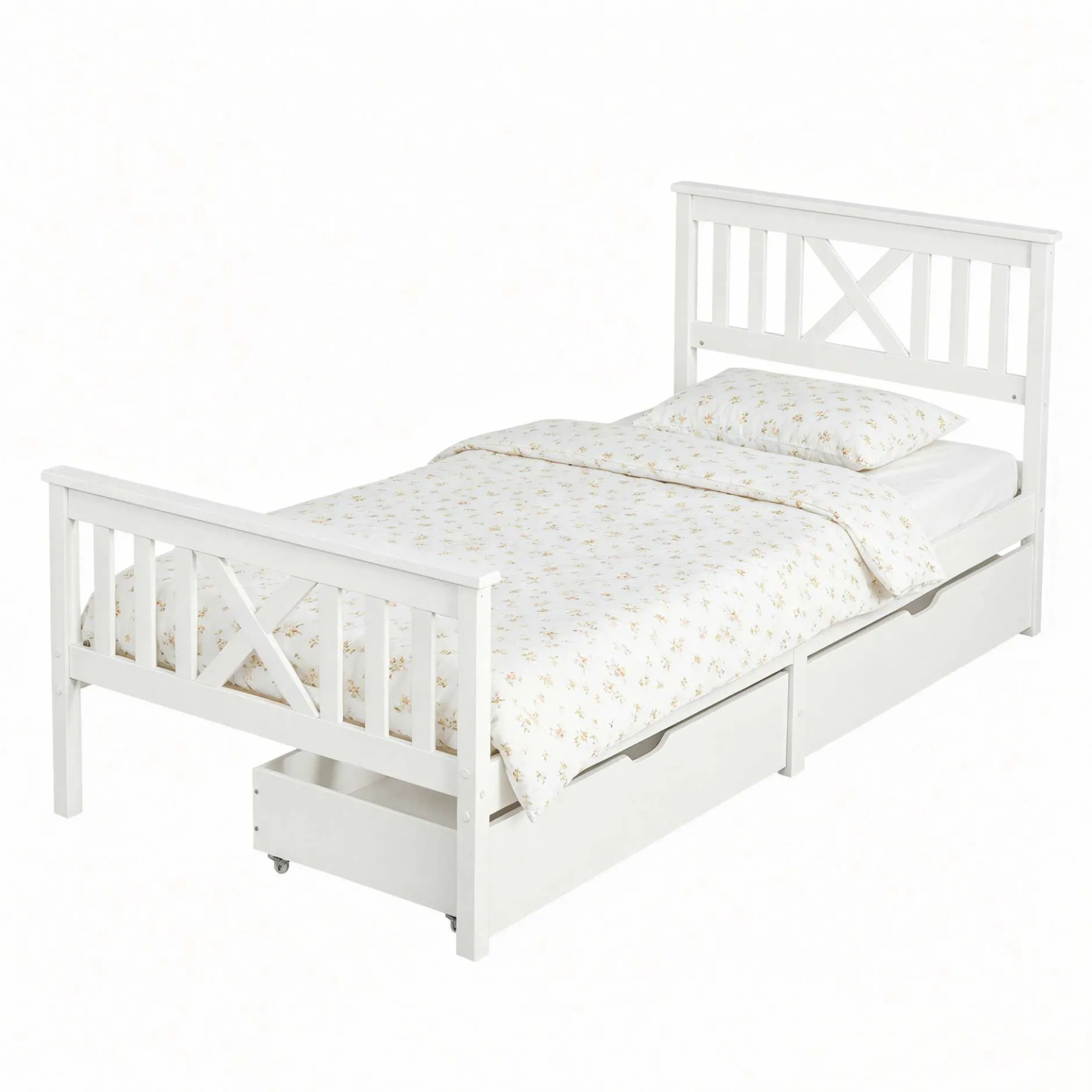 Einzelbett Milo - 90x200cm - mit Schubladen - massivem Kiefernholz - weiß