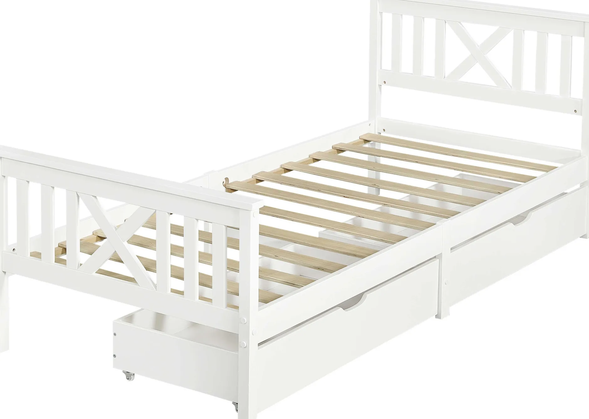 Einzelbett Milo - 90x200cm - mit Schubladen - massivem Kiefernholz - weiß