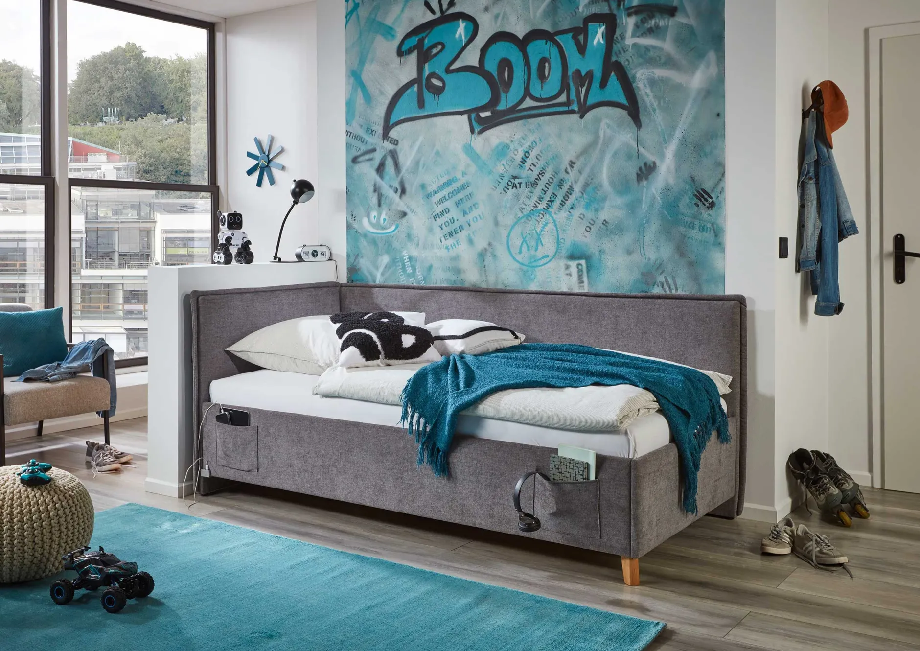 Einzelbett Ollie | Mit Rückenlehne | 120 x 200 cm | Design Grau