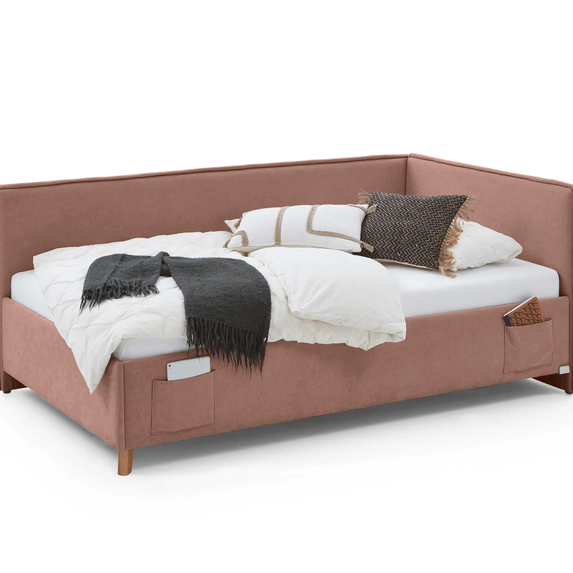 Einzelbett Ollie | Mit Rückenlehne | 90 x 200 cm | Rosa Design