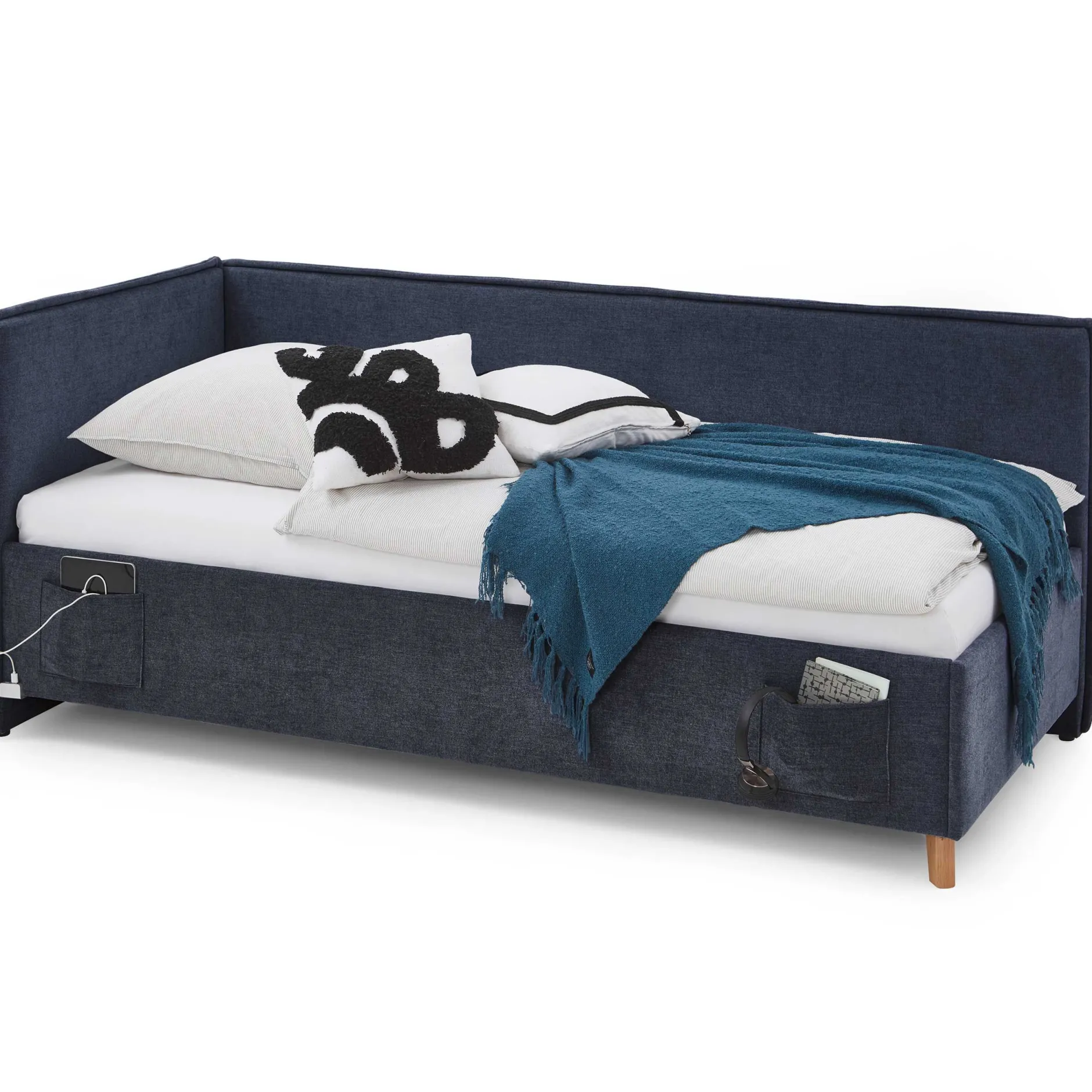 Einzelbett Ollie | Mit Rückenlehne | 90 x 200 cm | Dunkelblaues Design
