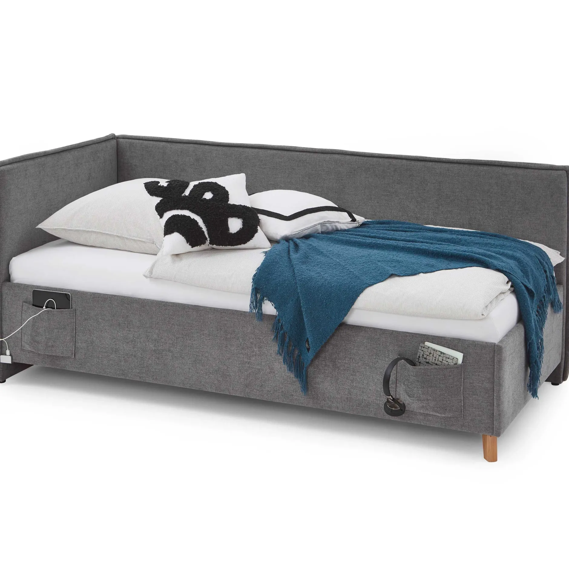Einzelbett Ollie | Mit Rückenlehne | 90 x 200 cm | Design Grau