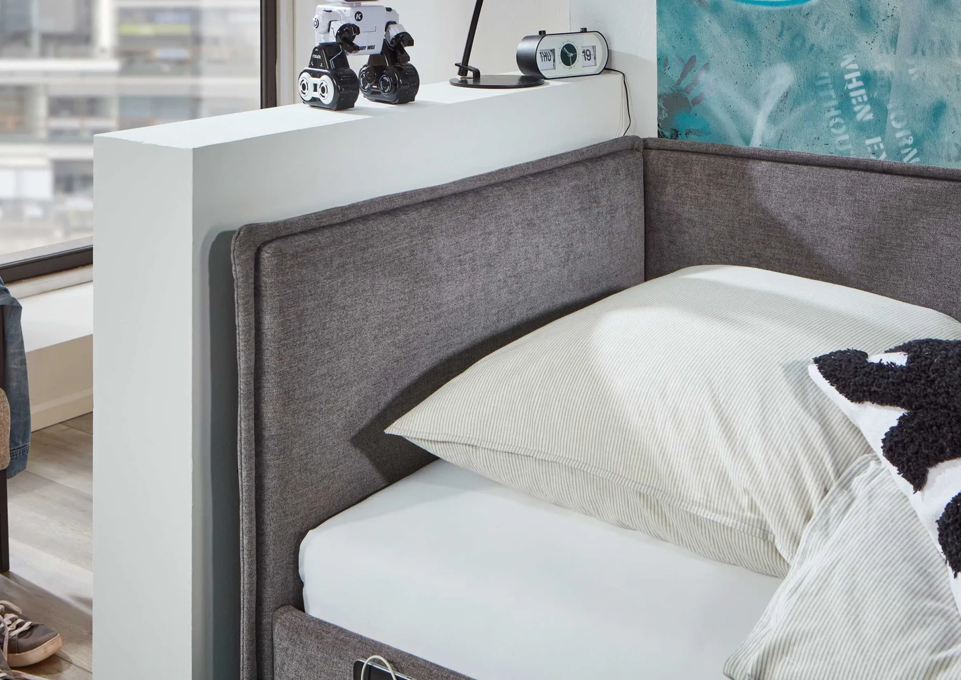 Einzelbett Ollie | Mit Rückenlehne | 90 x 200 cm | Design Grau