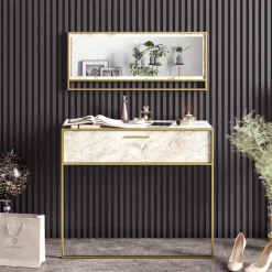 Elegantes gemütliches Sideboard | 100% Melamin | Metallbeine | Marmormuster | Gold Weiß
