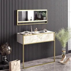 Elegantes gemütliches Sideboard | 100% Melamin | Metallbeine | Marmormuster | Gold Weiß